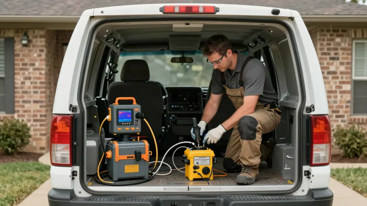 Leak Detection in Spring, Texas: rear of a clean, well-maintained service vehicle parked in front of a Spring, Texas brick