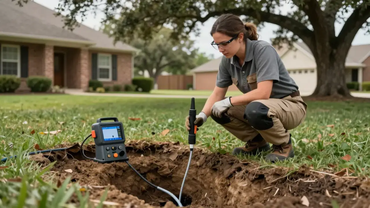 Water Service Line Repair in Spring, Texas: leak detection specialist using an acoustic ground microphone over a trench in a